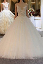Shiny Long Ball Gown Sweetheart Spaghetti Strap Lace Tulle Wedding Dress